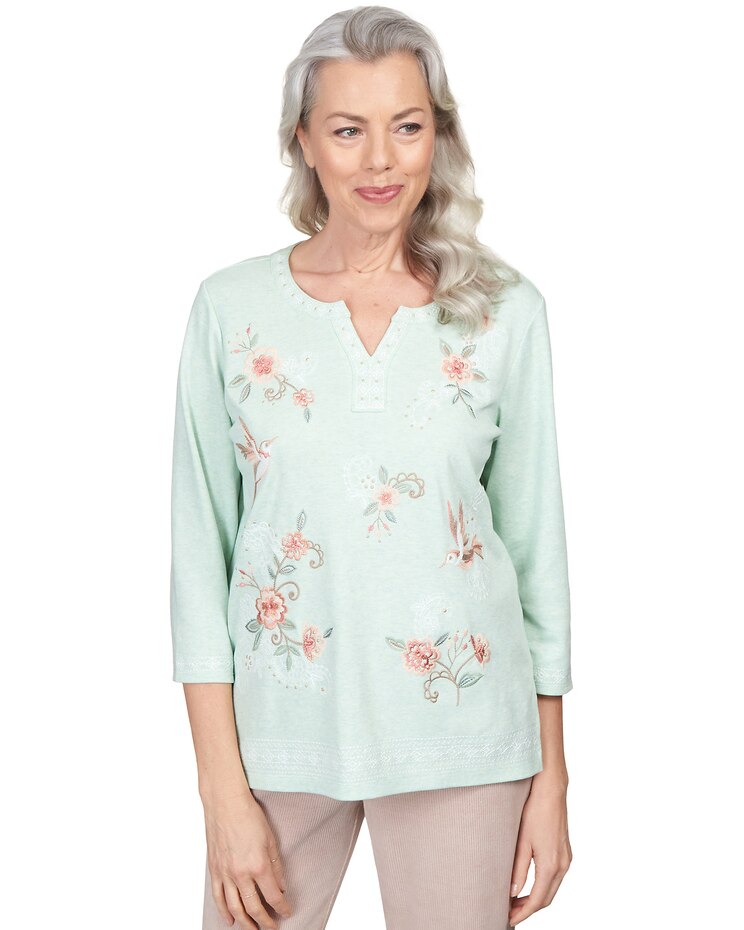 Alfred Dunner® St.Moritz Floral Hummingbird Embroidery Split Neck Top image number 1