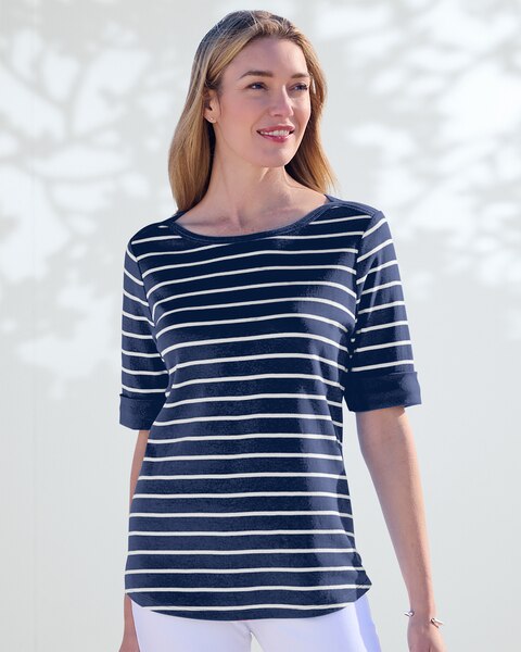 Essential Cotton Striped Elbow-Sleeve Tee 