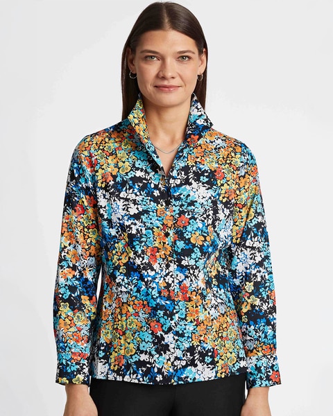 Foxcroft Katie Floral Cluster Wing Collar Shirt