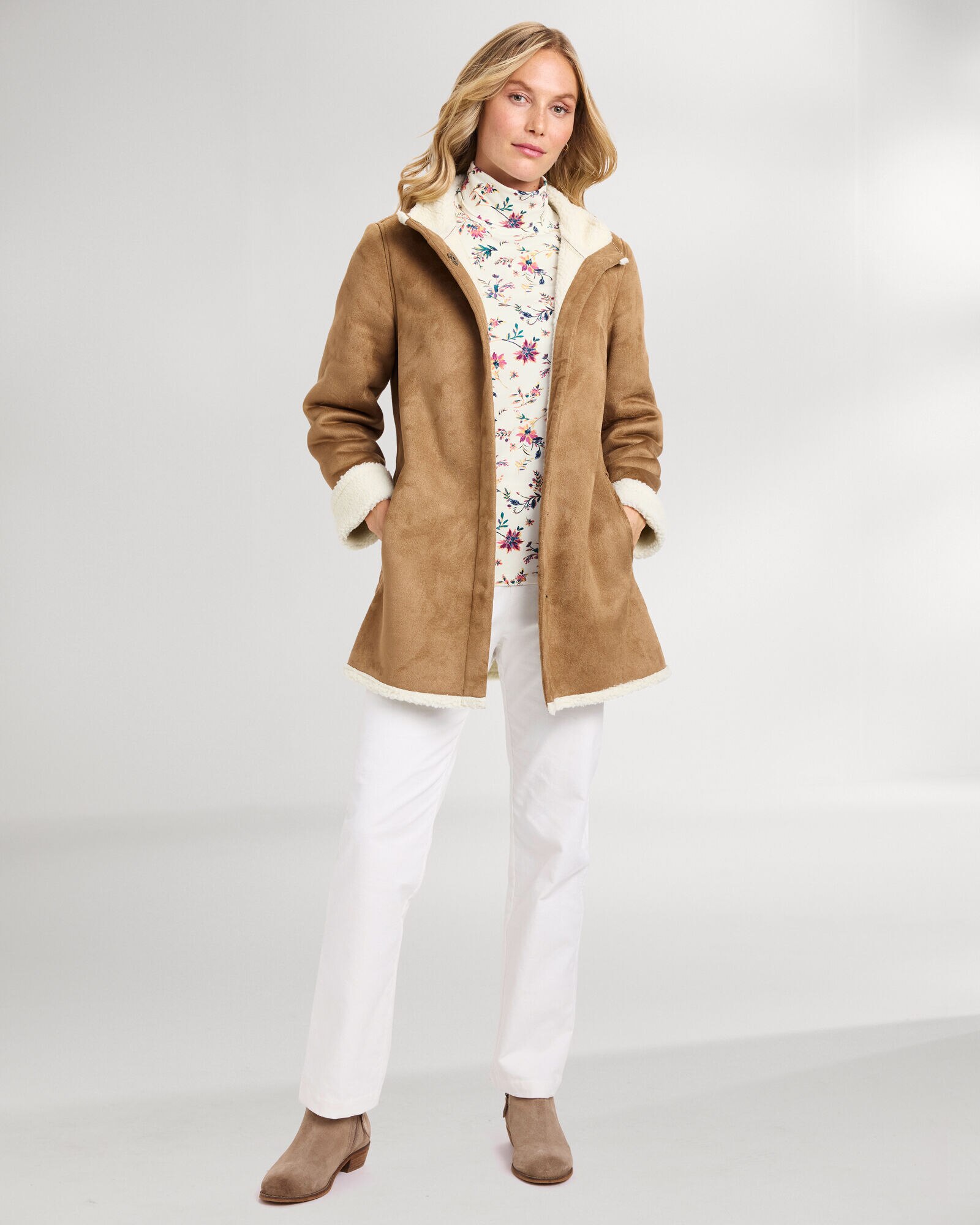 Stand Collar Faux Sherpa Coat Prima Cotton Autumn Florals Turtleneck Appleseed s