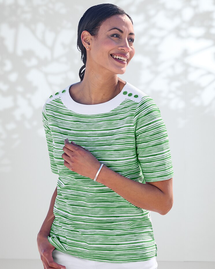 Prima™ Cotton Brushstroke Stripe Button-Trim Bateau Tee image number 1