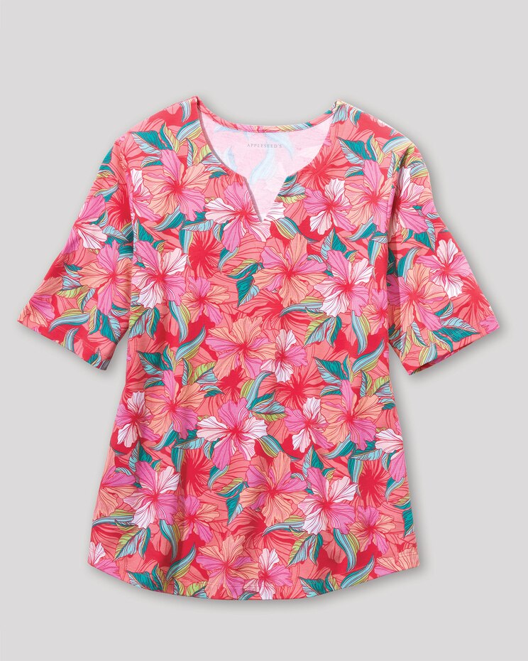 Hibiscus-Print Notch-Neck Tee image number 2