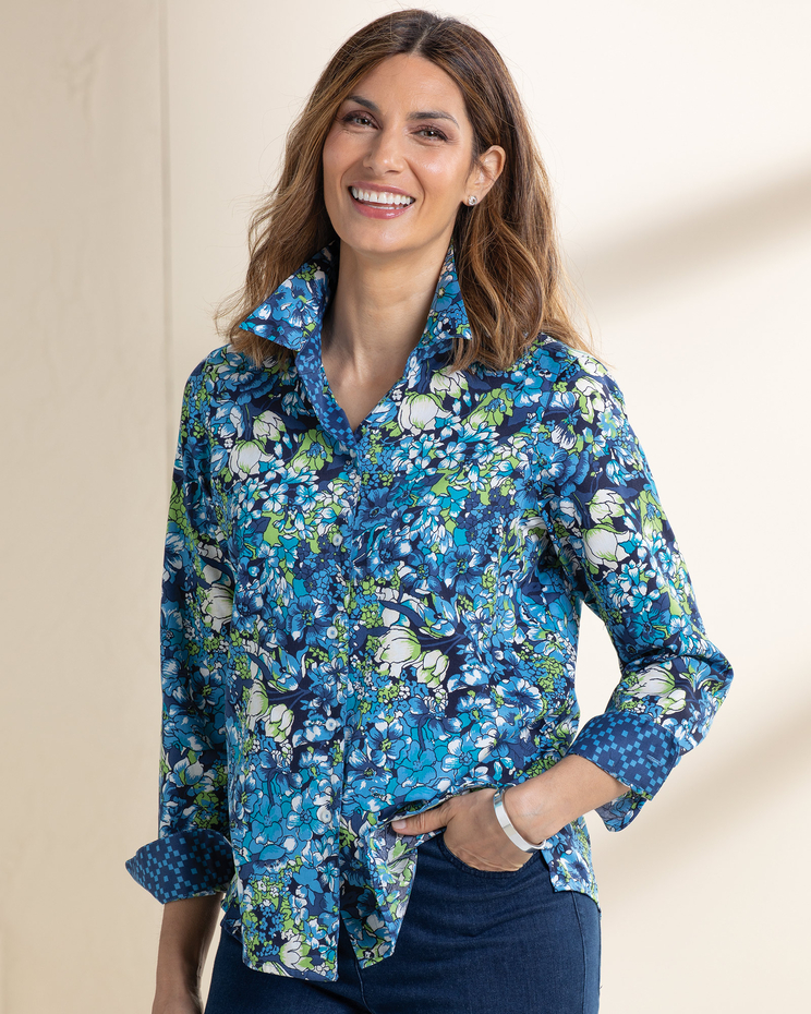 Foxcroft Non-Iron Blue Floral & Geo Check Shirt image number 1