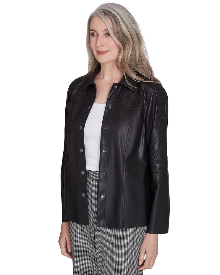 Alfred Dunner® Runway Ready Floral Embroidered Faux Leather Jacket image number 3