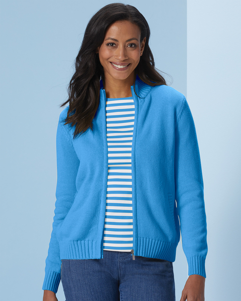 Zip-Front Cotton Cardigan Sweater