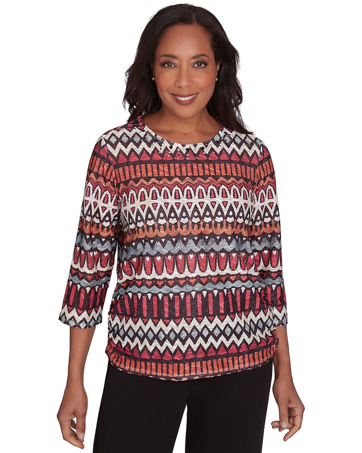 Alfred Dunner® Runway Ready Geometric Crew Neck Top with Side Ruching image number 1