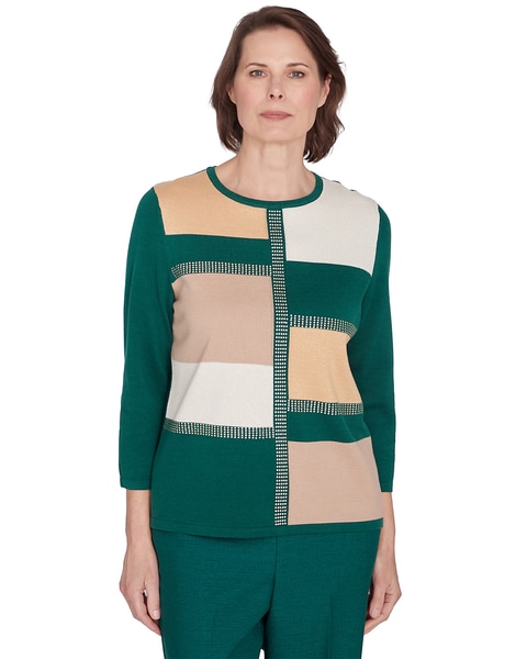 Alfred Dunner® Emerald Isle Color blocking Gold Trim Sweater
