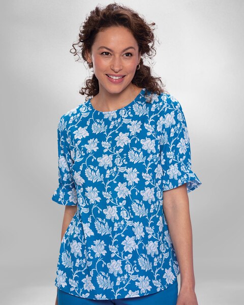 Porcelain Floral Ruffle-Sleeve Blouse