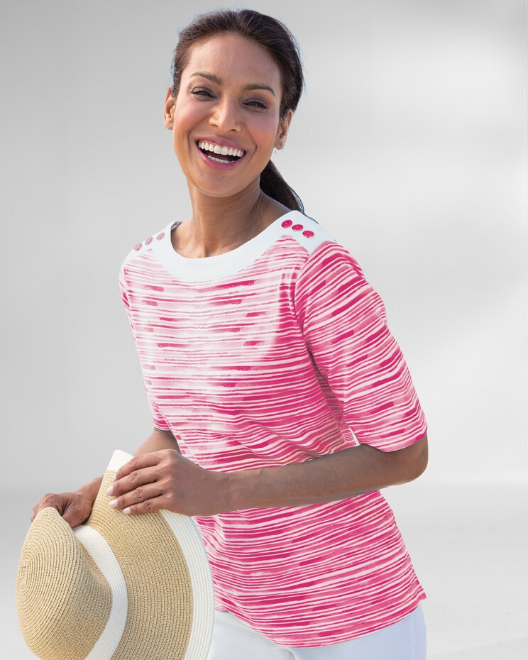Prima™ Cotton Brushstroke Stripe Button-Trim Bateau Tee image number 1