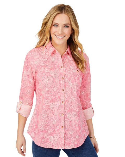 Zoey Roll-Tab Drawn Floral Shirt