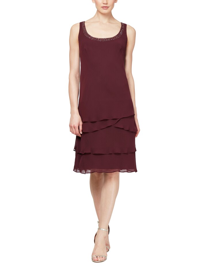 S.L. Fashions Lace Shoulder Beaded Tiered Dress image number 4