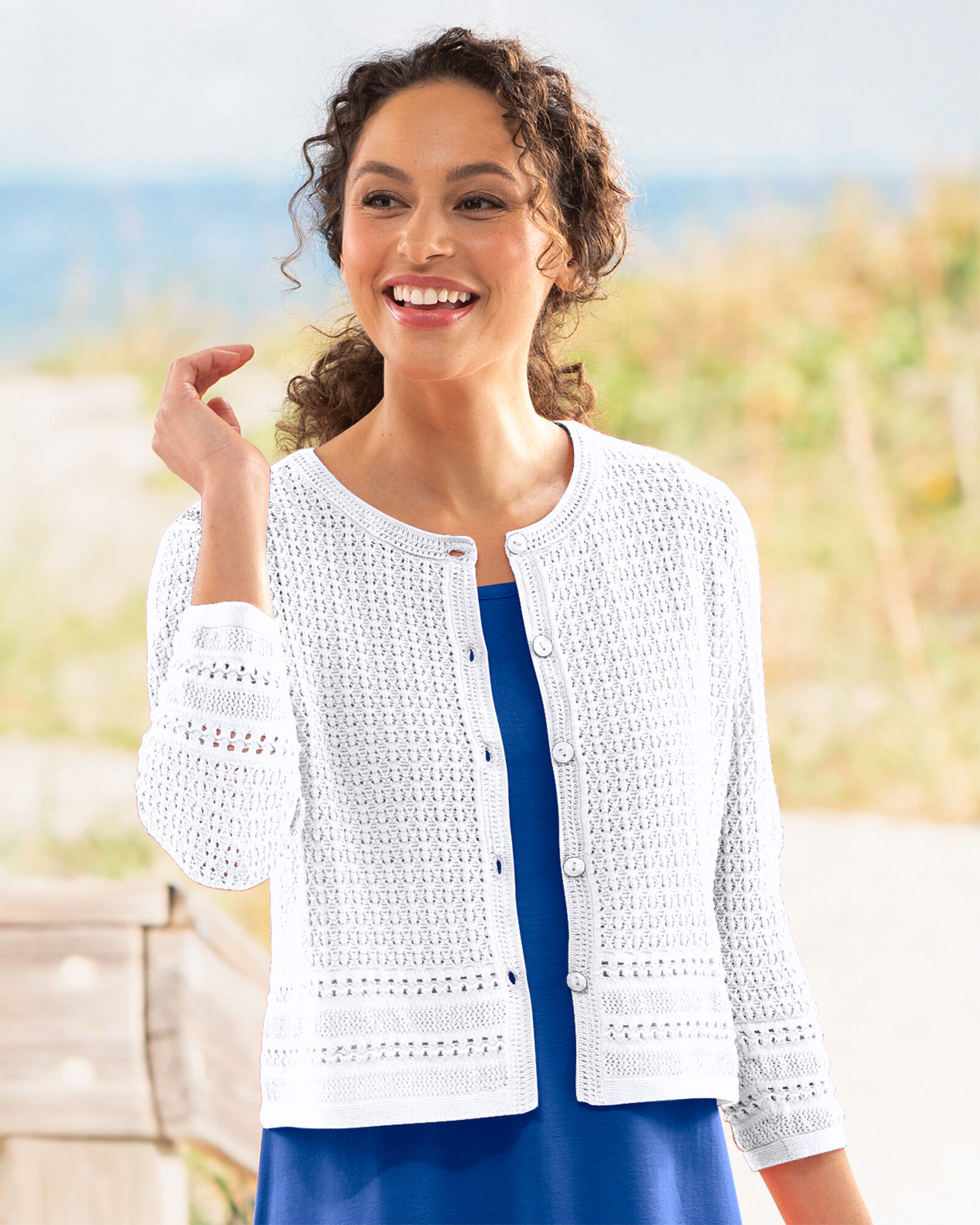 White crochet top cardigan sweater