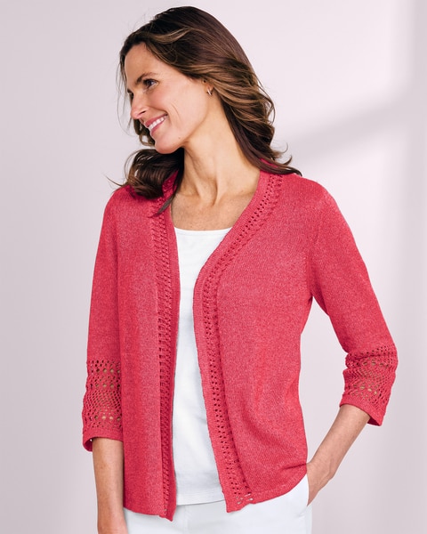 Linen/Cotton Crochet-Trim Cardigan 