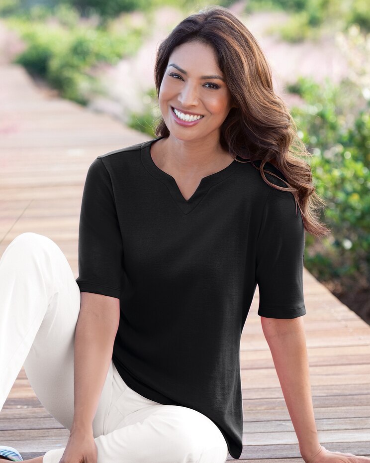Coastal Cotton Notched Neckline Elbow-Sleeve Tee image number 1