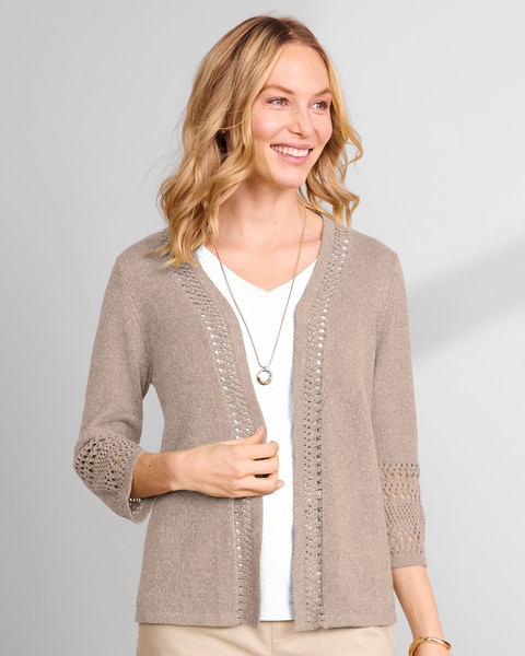 Linen/Cotton Crochet-Trim Cardigan 