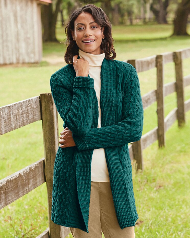 Long Open-Front Cabled Cardigan image number 1