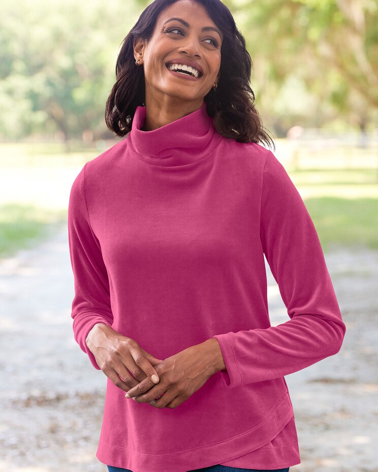 Velour Tulip-Hem Scrunch-Neck Top image number 1