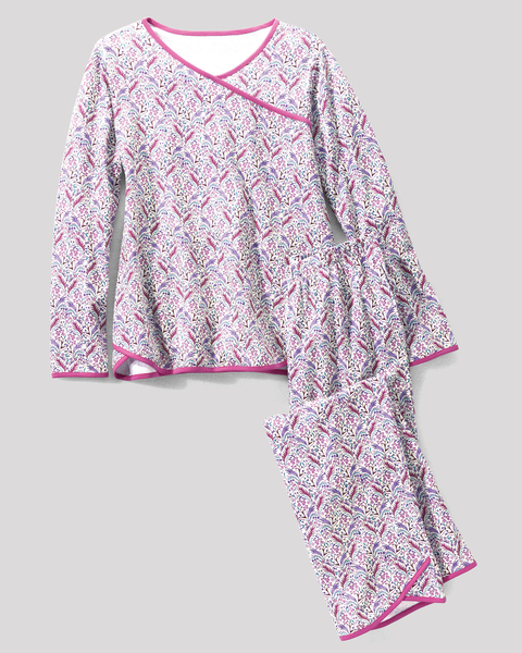 Leaf-Print Faux-Wrap Pajamas Set