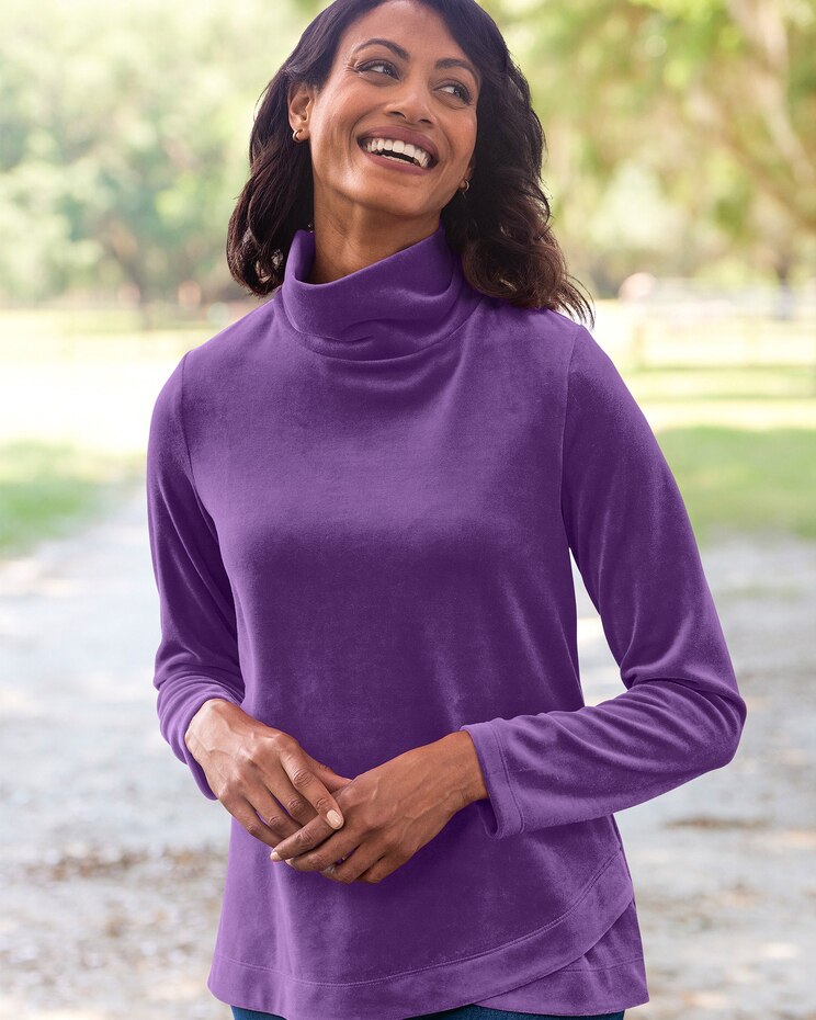 Velour Tulip-Hem Scrunch-Neck Top image number 1