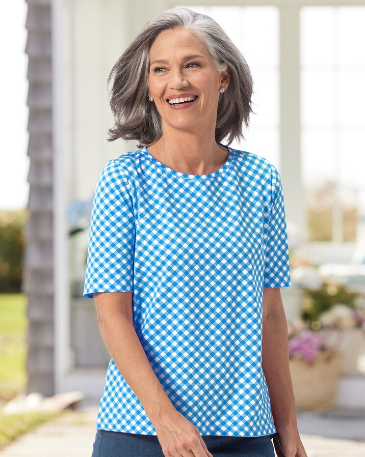 Gingham-Print Elbow-Sleeve Tee image number 1