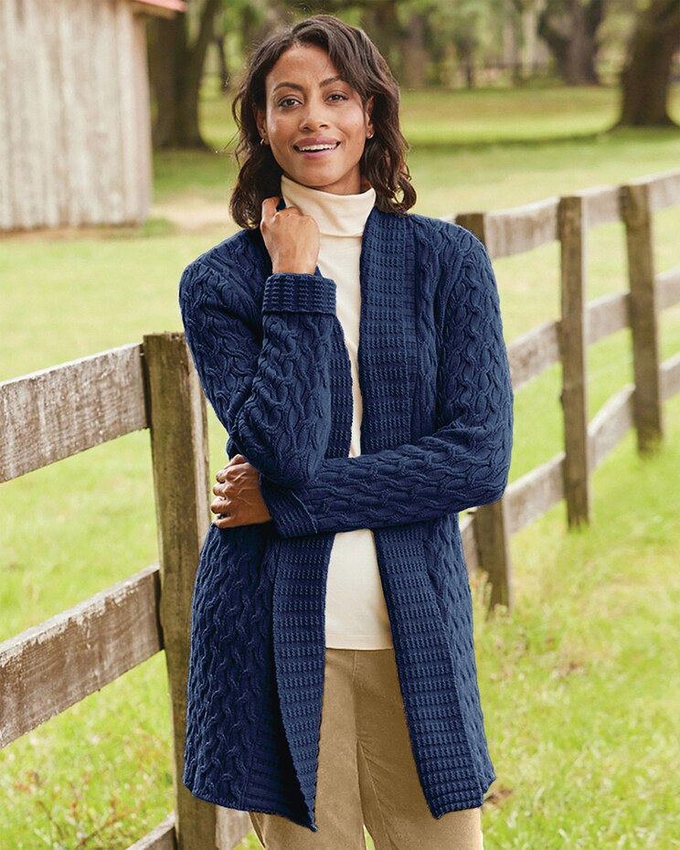 Long Open-Front Cabled Cardigan image number 1