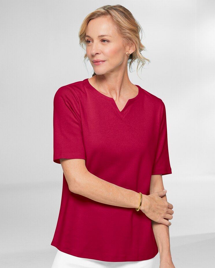 Coastal Cotton Notched Neckline Elbow-Sleeve Tee image number 1