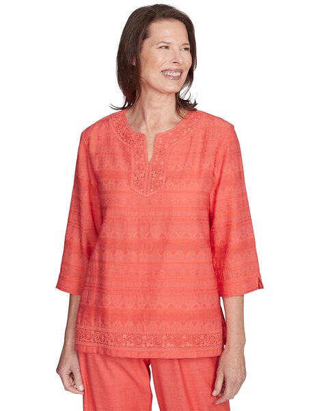 Alfred Dunner® Catalina Island Solid Textured Lace Trim Shirt