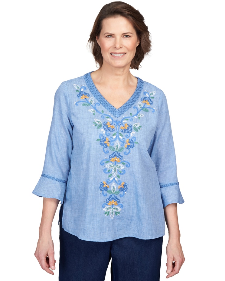 Alfred Dunner® Moody Blues Scroll Center Embroidery V-Neck Top image number 1