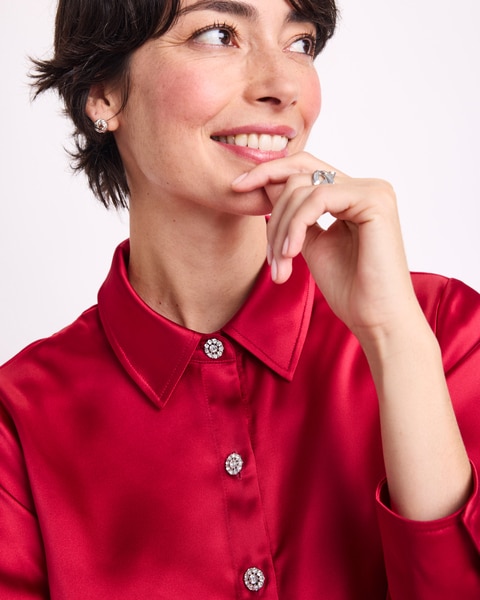 Jewel-Button Satin Blouse