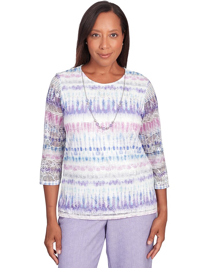 Alfred Dunner® Isn't It Romantic Ikat Biadere Crew Neck Top with Necklace image number 1