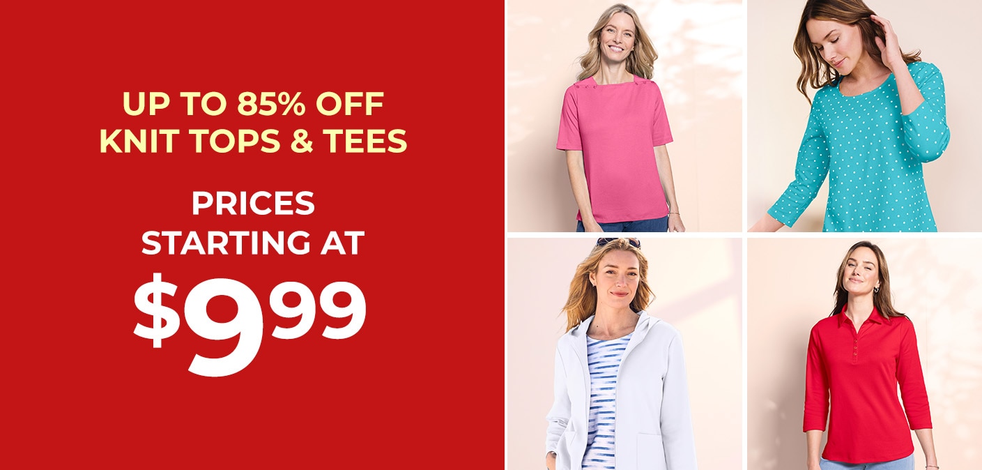 up to 85% off knit tops & tees prices starting at $9.99 collection of models wearing Appleseed's knit tops in various styles