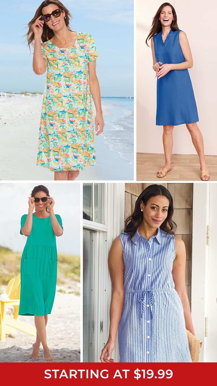 collection of model wearing Appleseed's BOARDWALK DRESSES in various styles