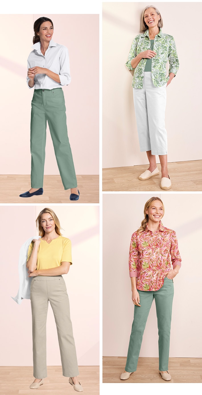 comfort-waist relaxed straight-leg, patch-pocklet capris, relaxed straight leg, easy pull-on tapered. collection of models wearing Appleseed's Dreamflex collection in various styles