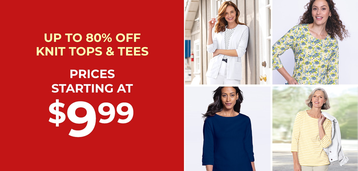 up to 80% off knit tops & tees prices starting at $9.99 collection of models wearing Appleseed's knit tops in various styles