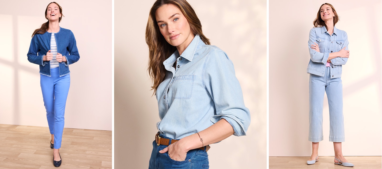 collection of three images showing women wearing Appleseed's denim collection looks in various styles.
