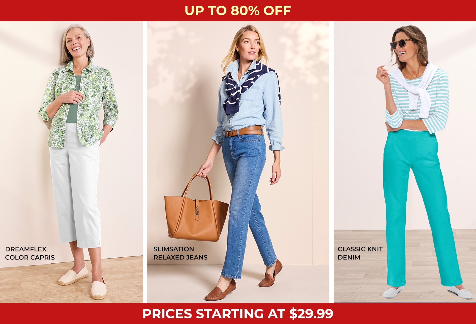 dreamflex color capris, slimsation relaxed jeans, classic knit denim prices starting at $29.99