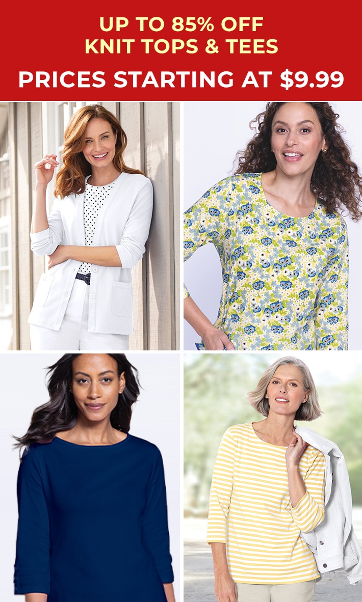 up to 80% off knit tops & tees prices starting at $9.99 collection of models wearing Appleseed's knit tops in various styles