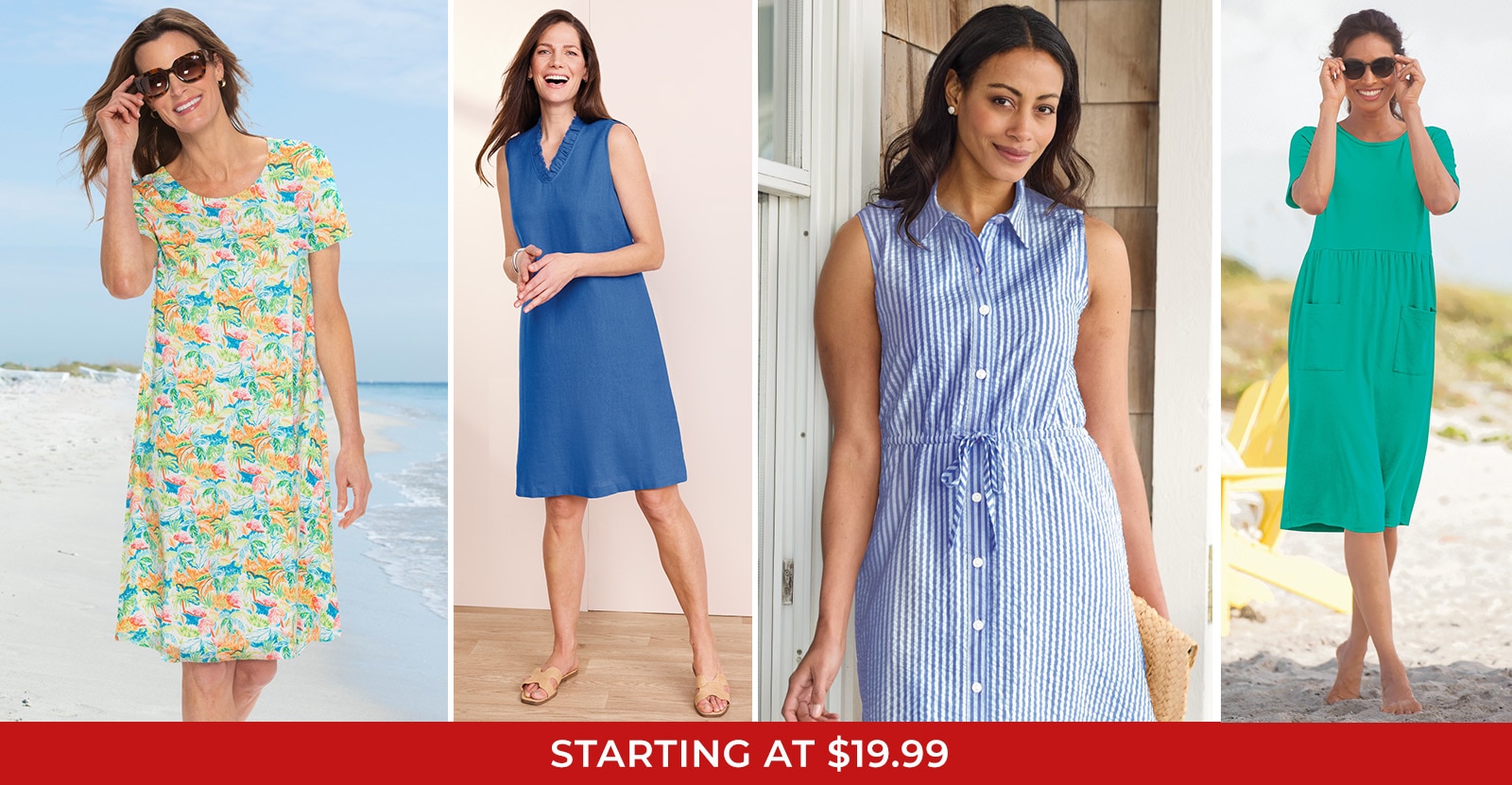 collection of model wearing Appleseed's BOARDWALK DRESSES in various styles