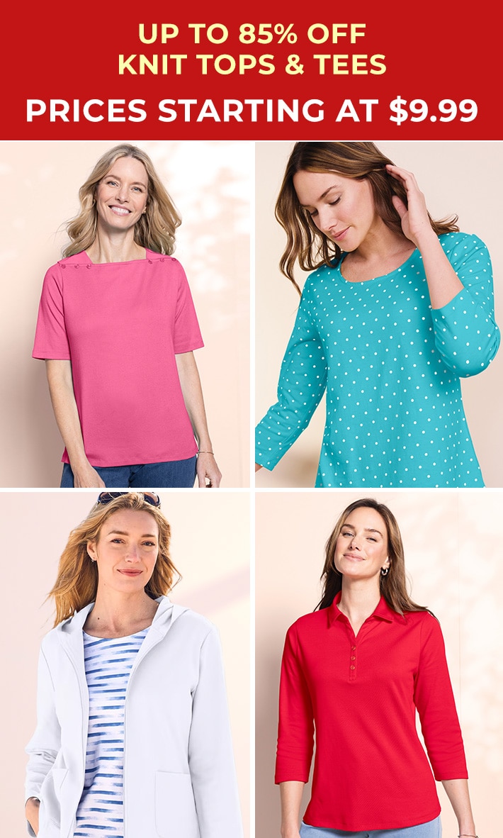 up to 85% off knit tops & tees prices starting at $9.99 collection of models wearing Appleseed's knit tops in various styles