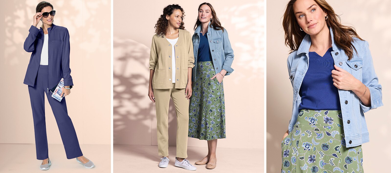 collection of three images showing women wearing Appleseed's Travel Essentials looks in various styles.