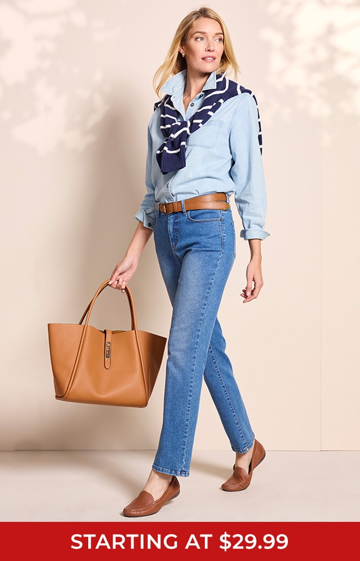dreamflex color capris, slimsation relaxed jeans, classic knit denim