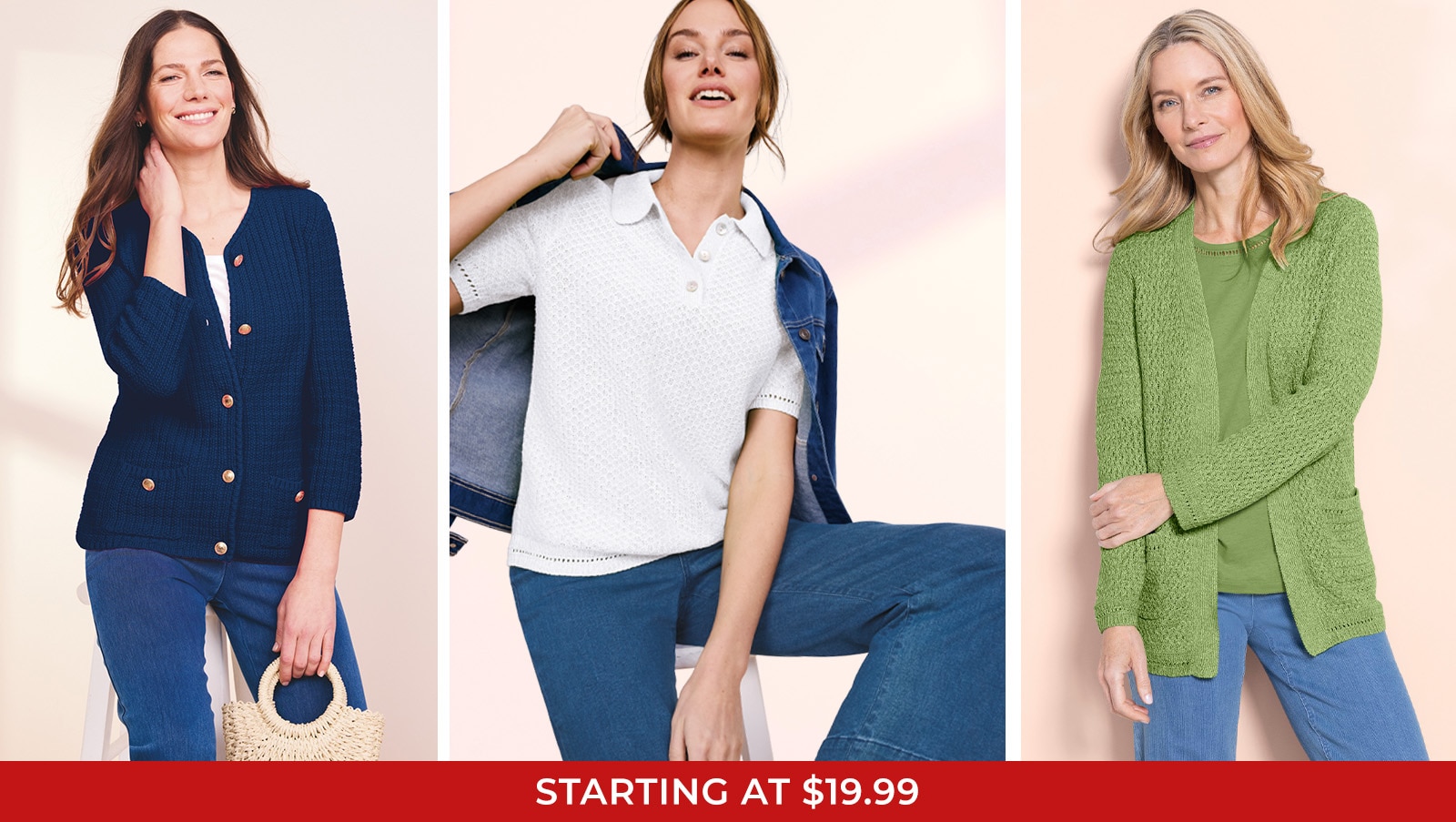 starting at $19.99. collection of models wearing Appleseed's clothing collections in various styles