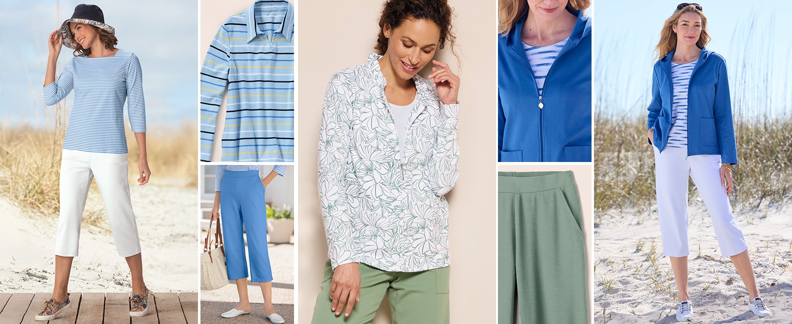 collection of three images showing models wearing Appleseed's everyday knits looks in various styles.