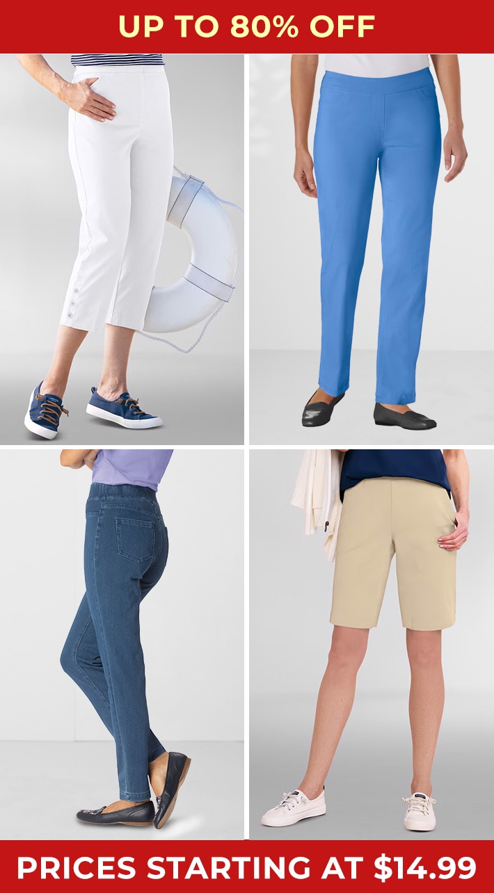 up to 80% off dennisport button-hem capris, slimsation striaght-leg pants, everyday knit four-pocket shorts, classic knit denim slim jeans prices starting at $14.99