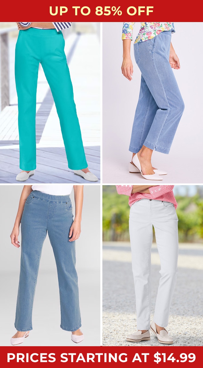 up to 85% off classic knit denim straight leg, classic knit denim relaxed crop, dreamflex color comfort-waist classic jeans, dreamflex denim easy relaxed jeans prices starting at $14.99