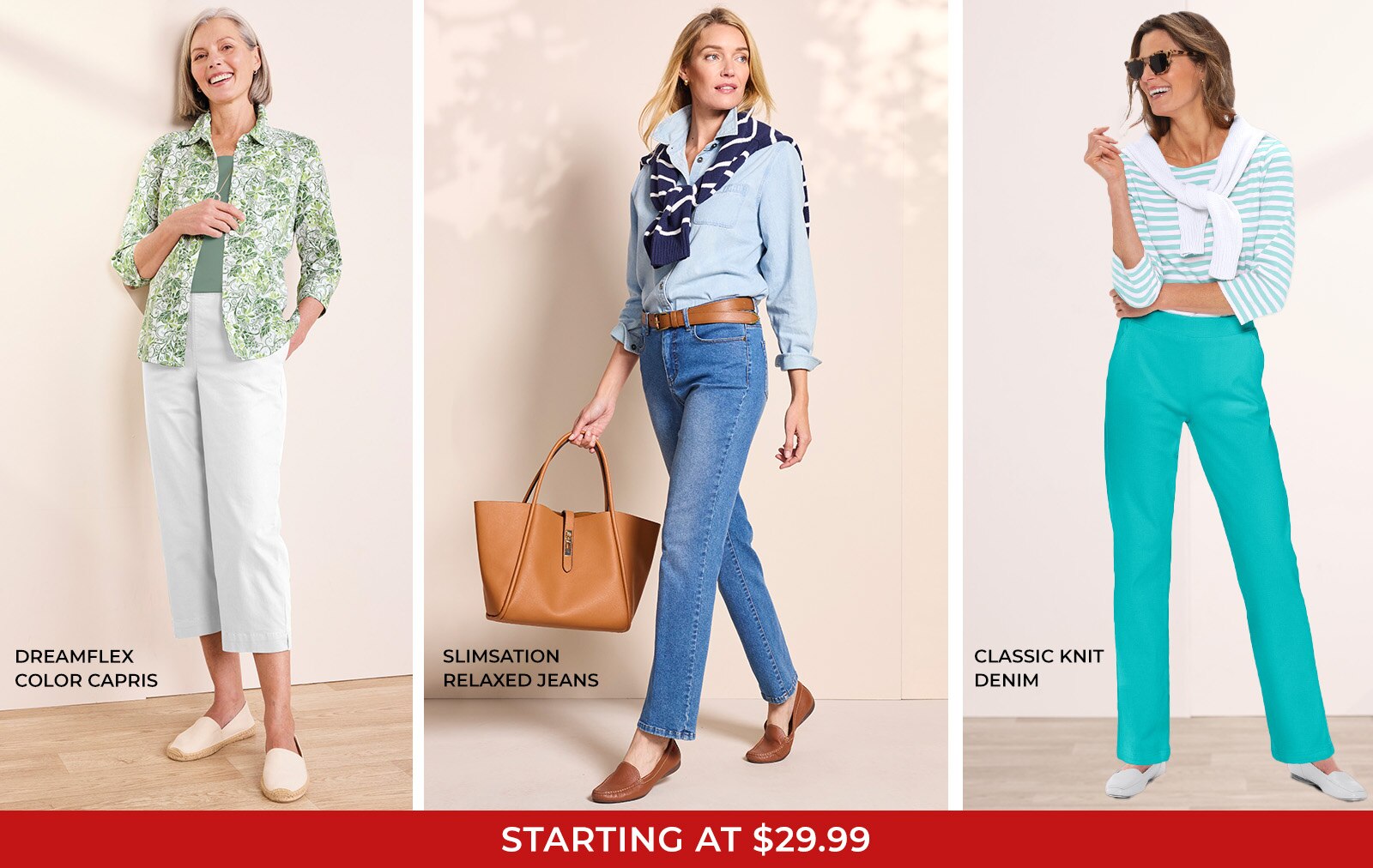dreamflex color capris, slimsation relaxed jeans, classic knit denim