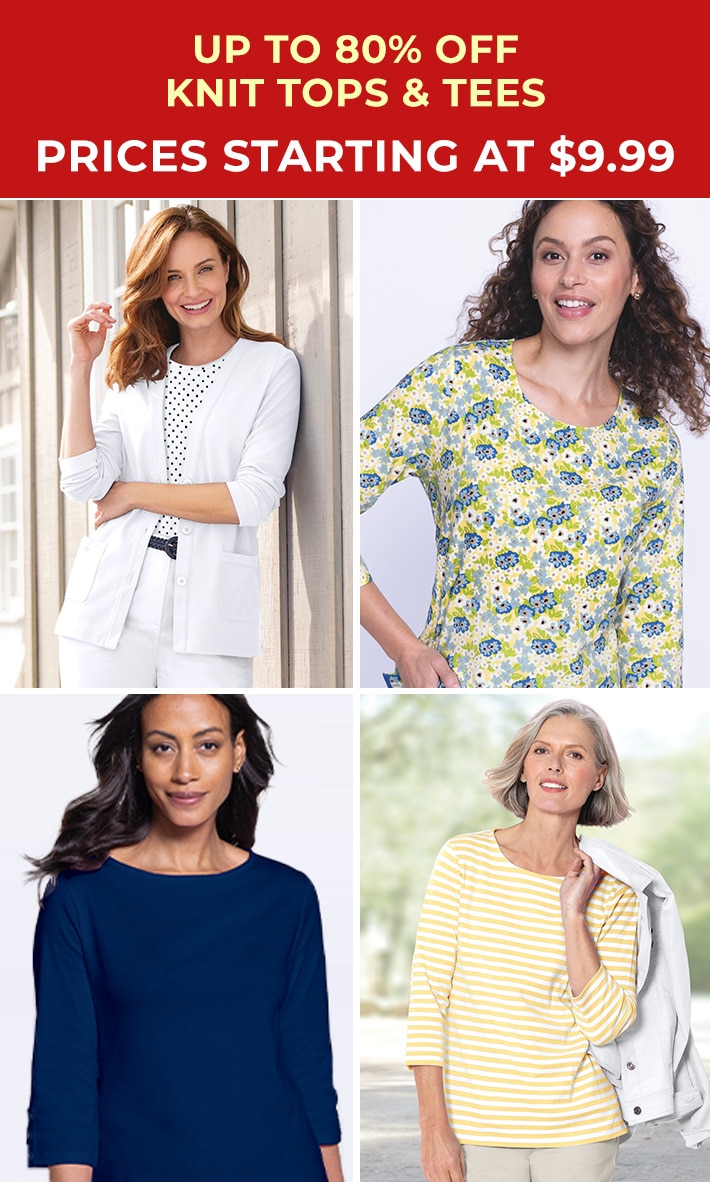 up to 80% off knit tops & tees prices starting at $9.99 collection of models wearing Appleseed's knit tops in various styles